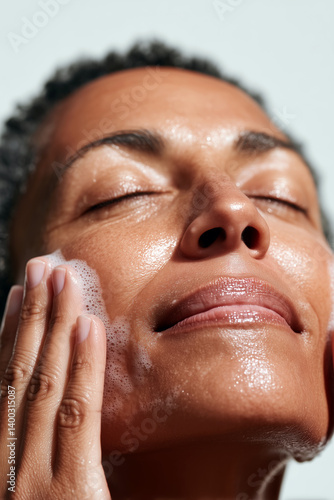 Close-up of woman cleansing face with foam, glowing skin and beauty skincare routine in natural light