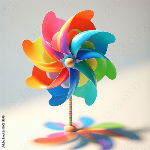 A colorful windmill toy for kids that spins in the wind, colorful petals, paper or plastic, summer decor, fun atmosphere, garden element. AI generated.