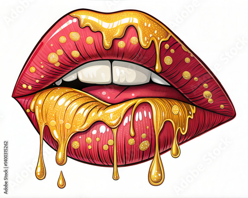 Glossy Red Lips With Dripping Gold Honey Beauty And Fashion Illustration.
