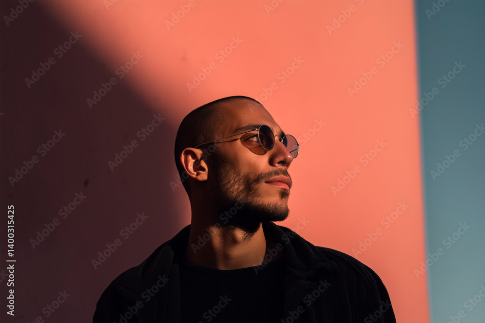 Obraz premium Stylish Young Man in Sunglasses Leaning Against Pink Wall – Urban Fashion and Modern Street Aesthetic