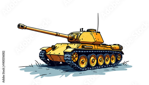 Cartoon tank illustration in yellow and black colors on grass  