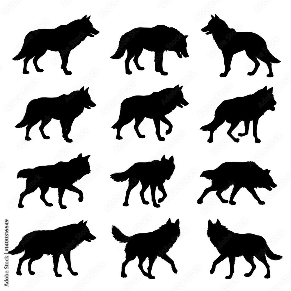 Obraz premium Wolf Silhouette Vector Bundle Black and White Wolf Clipart EPS Illustration