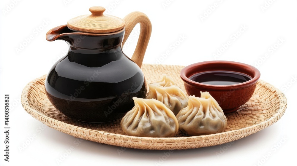 A plate of dumplings drizzled with sauce, accompanied by a cup of sauce, presented on a white background. A plate of dumplings drizzled with sauce, accompanied by a cup of sauce, presented on a white background.