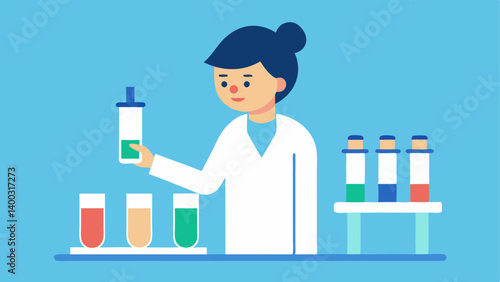 Test Sample Collection An illustration of a healthcare worker preparing test tubes and labels for sample collection emphasizing the organized process.