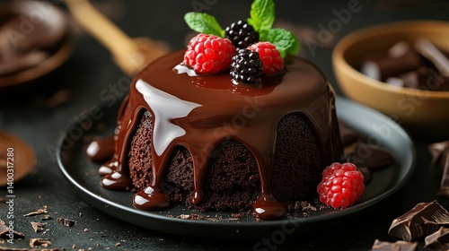 Chocolate lava cake with molten chocolate center, soft chocolate crust surrounding it 