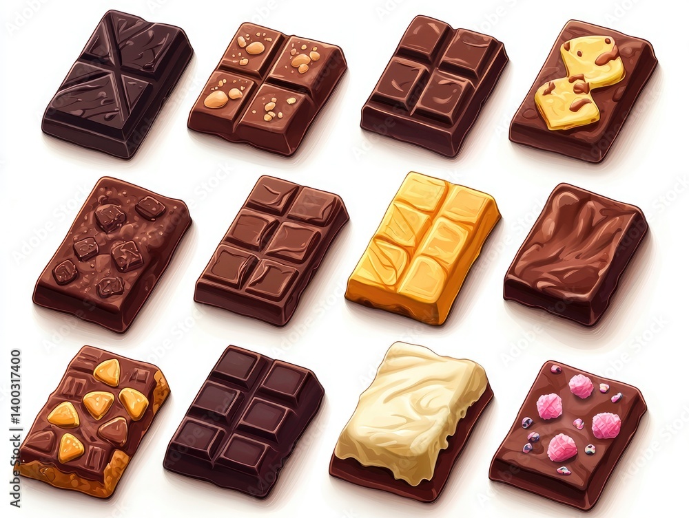 Assorted chocolate bars with various fillings and toppings Assorted chocolate bars with various fillings and toppings