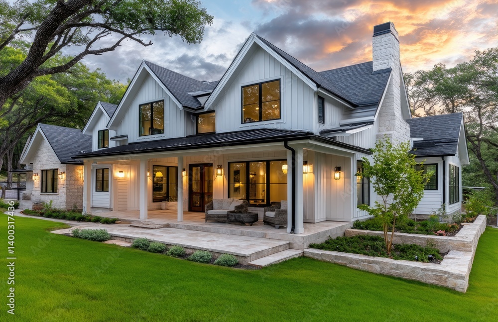 A white, modern farmhouse-style home in Texas, overlooking the hillside of beautiful green grass and blue sky with clouds A white, modern farmhouse-style home in Texas, overlooking the hillside of beautiful green grass and blue sky with clouds