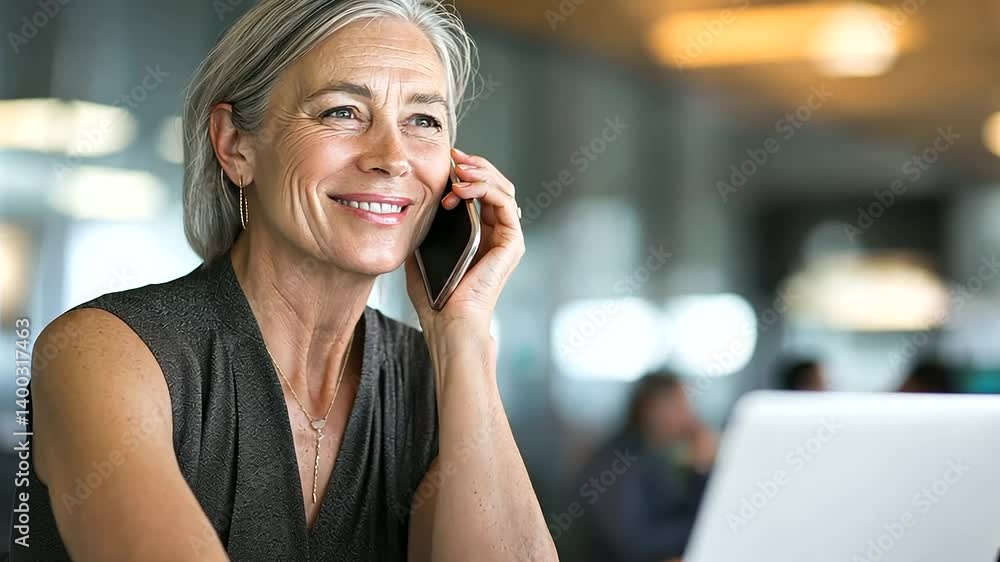 Confident businesswoman chatting on her phone in a modern office setting. Confident businesswoman chatting on her phone in a modern office setting.