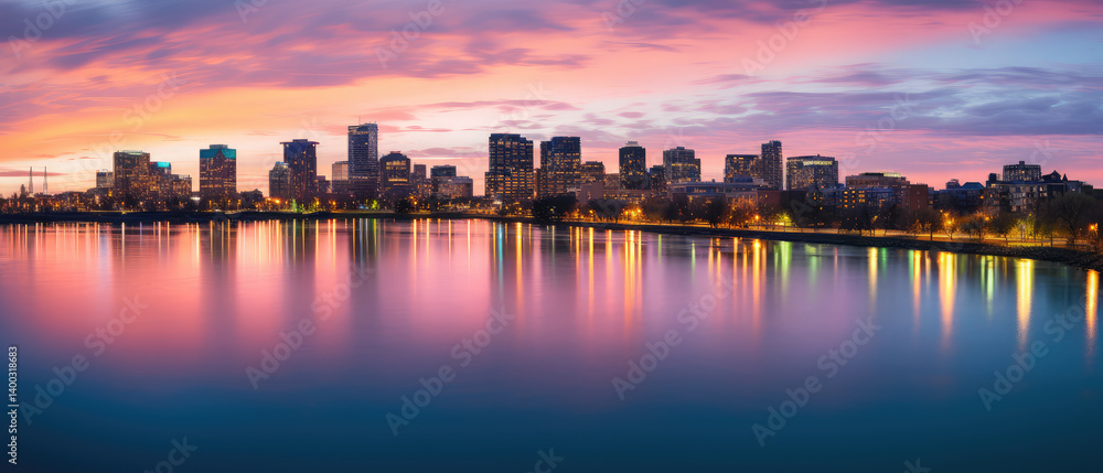 Serenity at Dusk: City Skyline Reflections