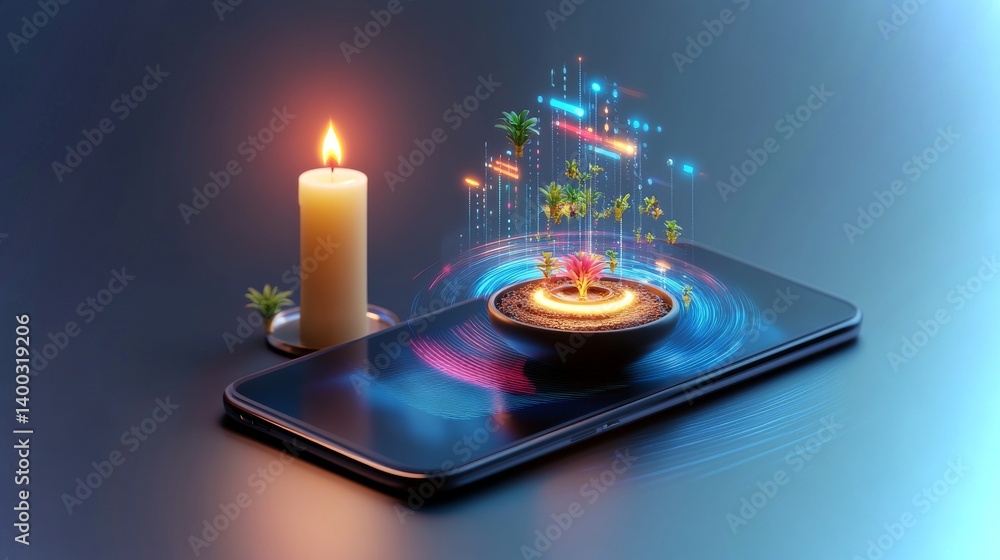 Realistic smartphone with miniature candlelit setting and creative digital garden display