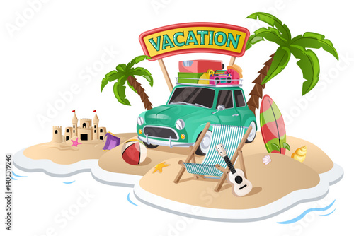 Summer Beach Vacation Concept Graphic Isolated. Retro Car with Luggage, Surfboard, Chair, Ukulele, Sand Castle and Palm Trees on a Tropical Island