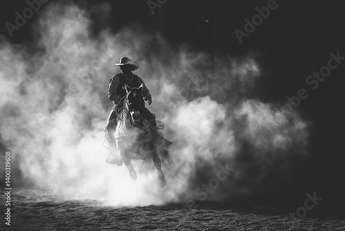 black and white rodeo bull rider photo with dust cloud and vintage contrast