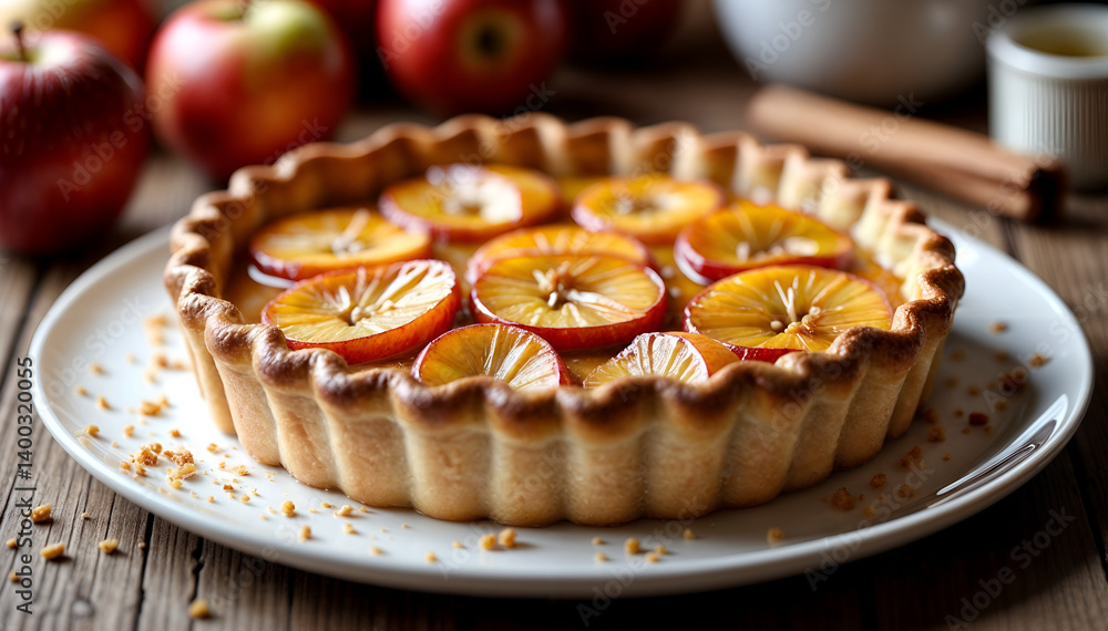 Homemade pie with apples and cinnamon. Freshly cooked charlotte. Delicious apple pie on a white plate Homemade pie with apples and cinnamon. Freshly cooked charlotte. Delicious apple pie on a white plate