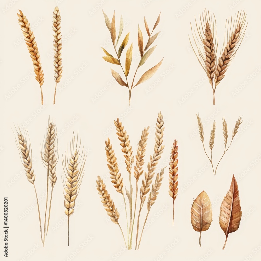 Watercolor illustration of various wheat and grass sprigs. Detailed depictions of wheat ears, stalks, and leaves in warm earthy tones Watercolor illustration of various wheat and grass sprigs. Detailed depictions of wheat ears, stalks, and leaves in warm earthy tones