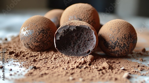 Obraz na płótnie Dark chocolate truffle with a fine cocoa dusting, creamy and smooth chocolate center w salonie