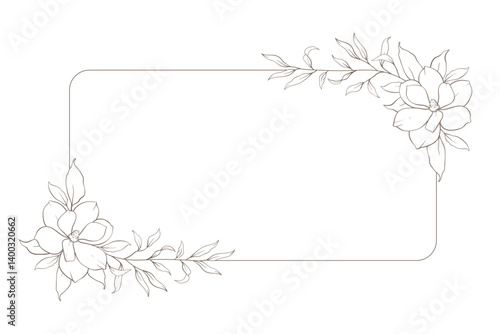 Hand drawn line floral frame, corner. Minimal botanical wedding border element. Set of wreath, magnolia flowers, eucalyptus leaf branches, tropical leaves, plant, wildflower. Elegant floral logo.