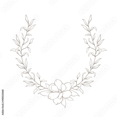 Hand drawn line floral frame, corner. Minimal botanical wedding border element. Set of wreath, magnolia flowers, eucalyptus leaf branches, tropical leaves, plant, wildflower. Elegant floral logo.