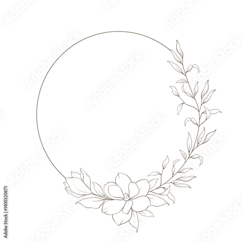 Hand drawn line floral frame, corner. Minimal botanical wedding border element. Set of wreath, magnolia flowers, eucalyptus leaf branches, tropical leaves, plant, wildflower. Elegant floral logo.