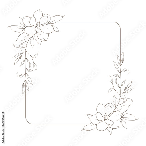 Hand drawn line floral frame, corner. Minimal botanical wedding border element. Set of wreath, magnolia flowers, eucalyptus leaf branches, tropical leaves, plant, wildflower. Elegant floral logo.