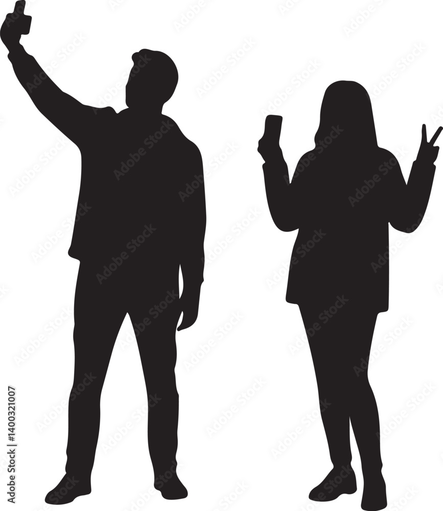 Fototapeta premium Vector Set Of People Taking Selfie Silhouettes Illustration Isolated On White Background