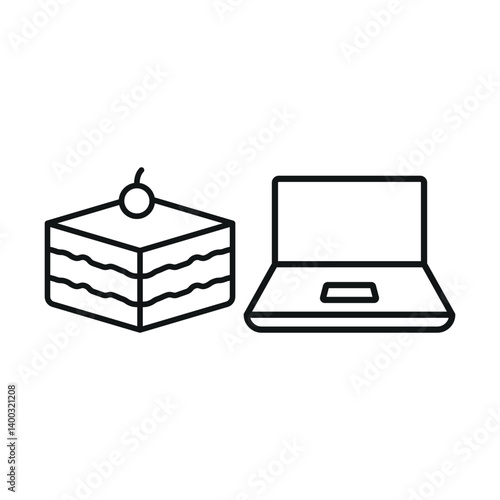 Laptop and tiramisu icon reflects sweet work breaks, cozy digital sessions, and elegant productivity vibes.
