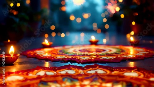 Vibrant Diwali Rangoli with Lit Diyas Festive Indian Design