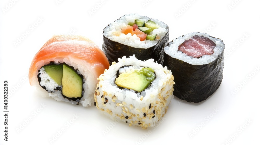 A plate of assorted sushi rolls, featuring different toppings and ingredients, beautifully arranged on a white plate. A plate of assorted sushi rolls, featuring different toppings and ingredients, beautifully arranged on a white plate.