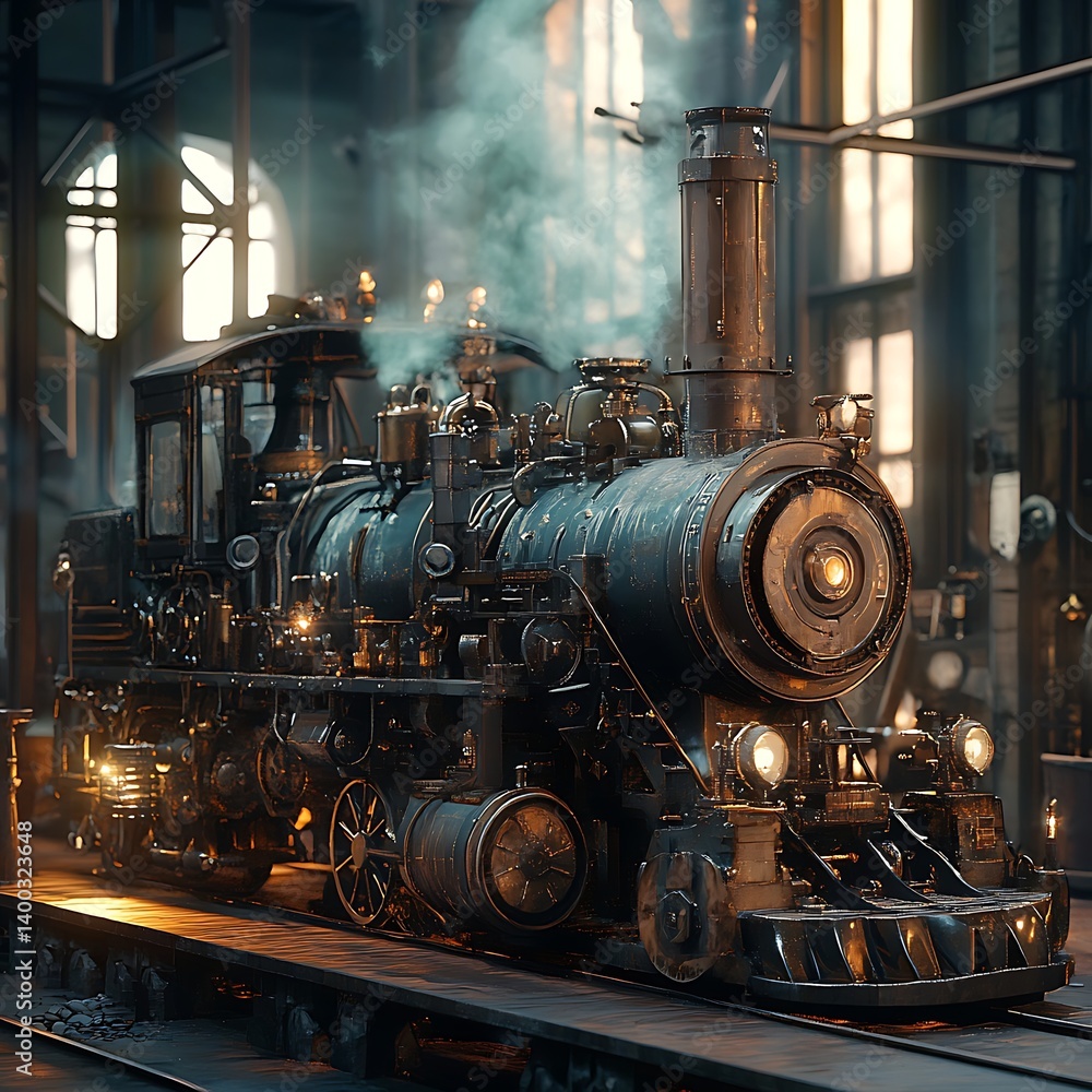 Obraz premium A magnificent steam locomotive, detailed in a steampunk aesthetic, rests in a vintage train depot.