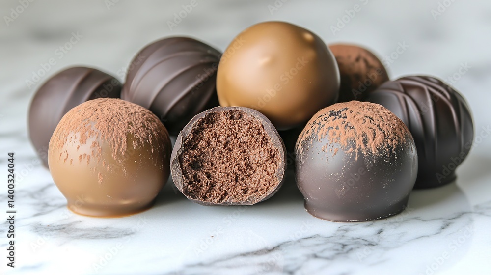 Dark chocolate truffle with a fine cocoa dusting, creamy and smooth chocolate center