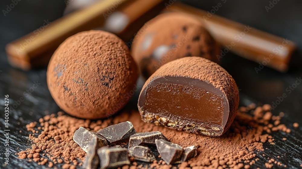 Dark chocolate truffle with a fine cocoa dusting, creamy and smooth chocolate center