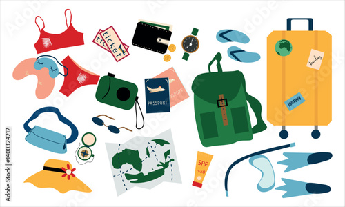 Summer vacation plane and other journey or trip elements for flight and travel to sea. Vector illustration. 