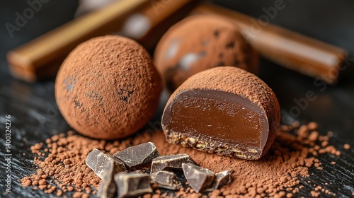 Obraz na płótnie Dark chocolate truffle with a fine cocoa dusting, creamy and smooth chocolate center w salonie