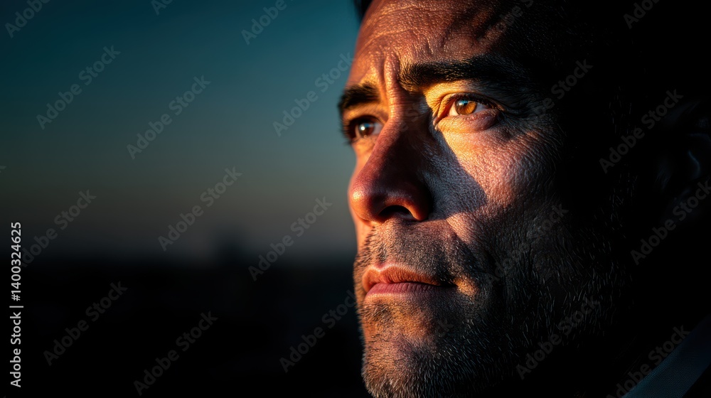 Obraz premium A professional man gazes thoughtfully towards a glowing city skyline, illuminated by the soft hues of sunset. The scene conveys calmness and determination in an urban setting