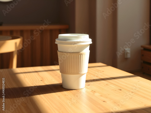 Obraz na płótnie Disposable white paper cup on wooden surface, isolated for mockup or product display purposes. Generative AI w salonie