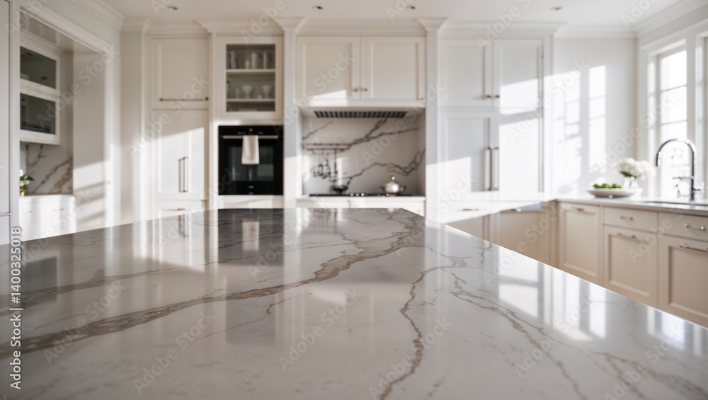 Fototapeta premium An elegant kitchen featuring stunning marble countertops and light.