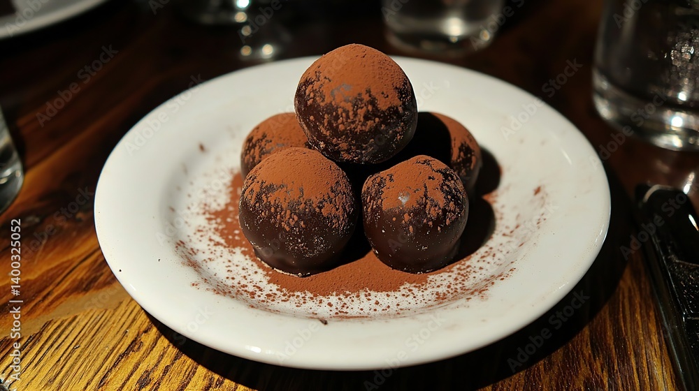 Dark chocolate truffle with a fine cocoa dusting, creamy and smooth chocolate center