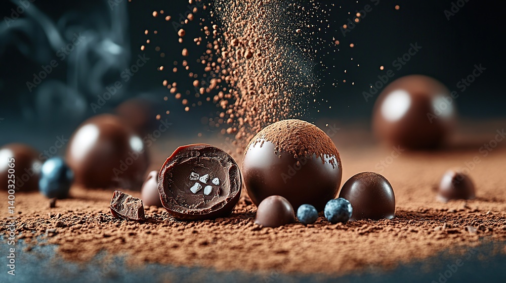 Dark chocolate truffle with a fine cocoa dusting, creamy and smooth chocolate center