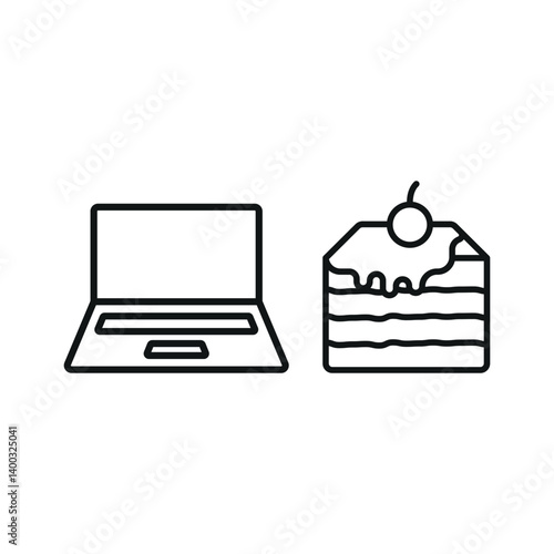 Laptop and tiramisu icon reflects sweet work breaks, cozy digital sessions, and elegant productivity vibes.