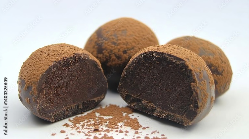Dark chocolate truffle with a fine cocoa dusting, creamy and smooth chocolate center