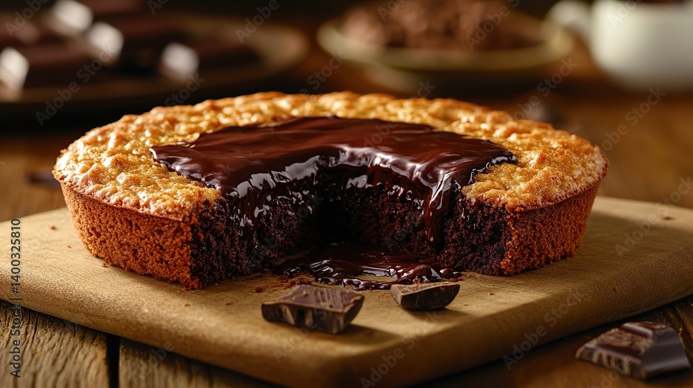 Chocolate lava cake with molten chocolate center, rich chocolate crust surrounding gooey filling