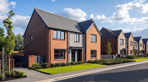 Row of modern brick houses with well-maintained landscaping.