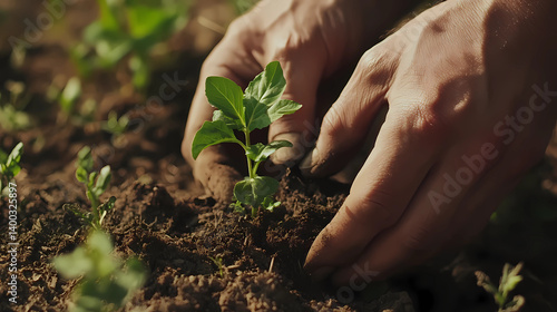 Farmer's Hands Planting Seedling in Regenerative Agriculture Field: Close-Up Shot. Sustainable Farming and Eco-Friendly Agriculture Concept.