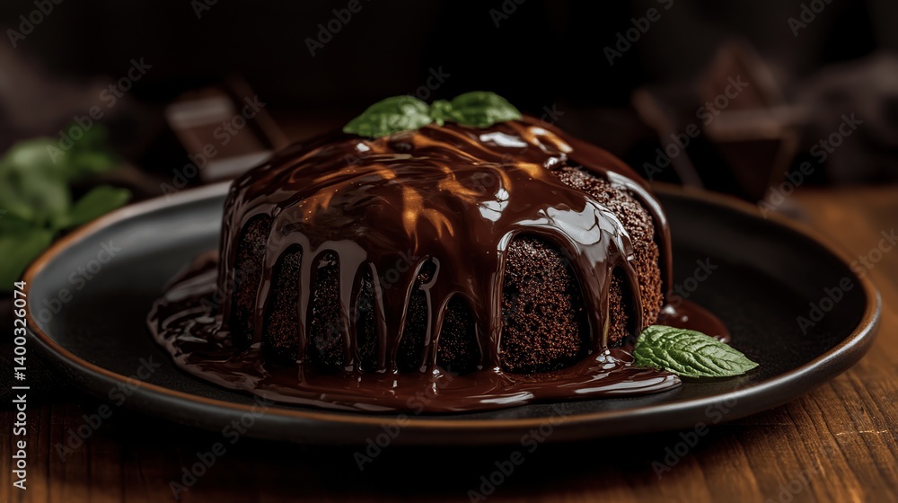 Chocolate lava cake with molten chocolate center, rich chocolate crust surrounding gooey filling