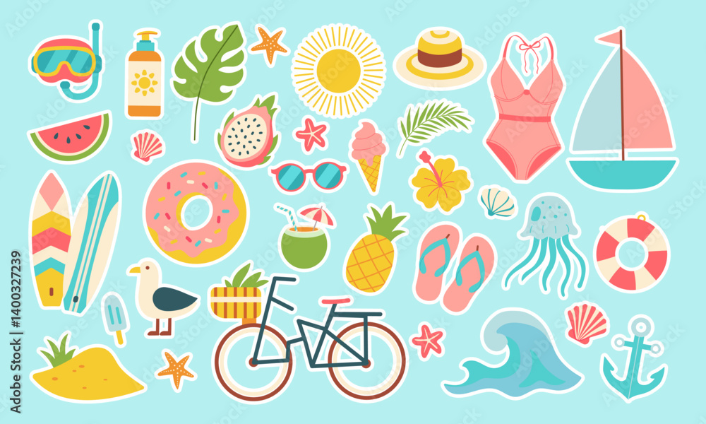 A collection of stickers featuring various beach and summer-related items such as a surfboard, sunglasses, a bicycle, a boat, and a pineapple A collection of stickers featuring various beach and summer-related items such as a surfboard, sunglasses, a bicycle, a boat, and a pineapple
