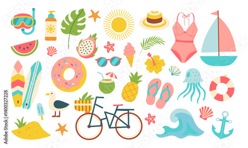 A collection of beach and summer themed items including a surfboard, a bicycle, a donut, a pineapple, a boat, a pair of flip flops, a pair of sunglasses, a bottle, a cup, a hat, and a jelly