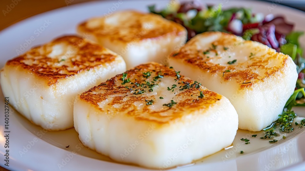 Golden-brown squares of pan-fried halloumi cheese are beautifully arranged on a plate, paired with a colorful and fresh salad, highlighting the texture Golden-brown squares of pan-fried halloumi cheese are beautifully arranged on a plate, paired with a colorful and fresh salad, highlighting the texture