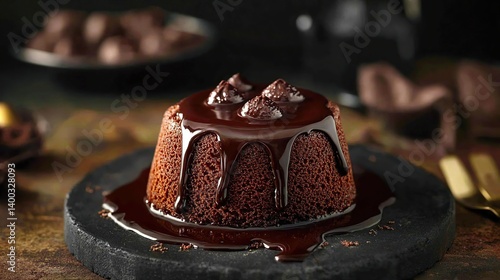 Chocolate lava cake with molten chocolate center, rich chocolate crust surrounding gooey filling