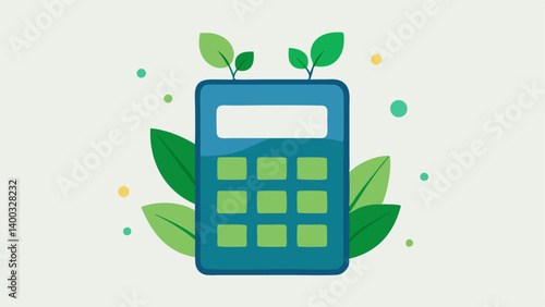 Solar Energy Calculator A handheld calculator with a solar panel on top surrounded by green leaves and small flowers perfect for promoting ecofriendly office supplies.