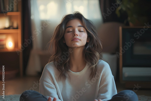 Healthy serene young woman meditating at home with eyes closed, relaxing body and mind sitting on floor in living room. Mental health and meditation for no stress.