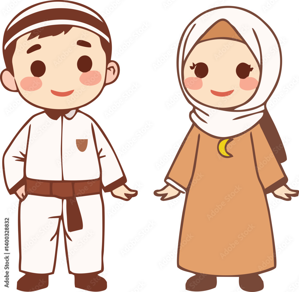 Muslim couple wearing traditional Eid clothing for Eid al-Adha celebration Muslim couple wearing traditional Eid clothing for Eid al-Adha celebration